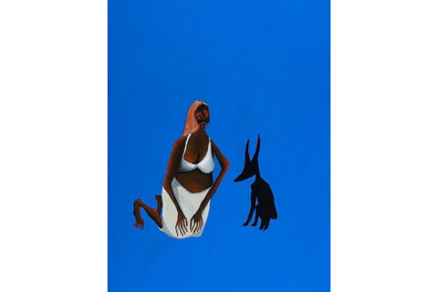 Painting of a woman with dark brown skin wearing a white bra and skirt kneeling next to a ghost dingo, against an ultramarine background.