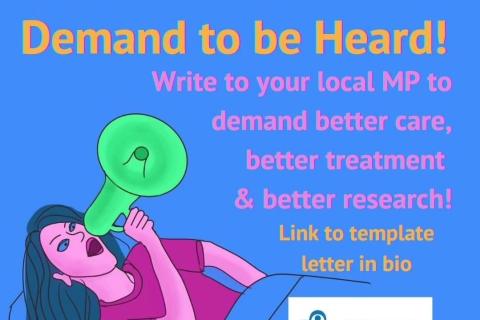 Digital poster that reads: "PEOPLE WITH ME/CFS DEMAND TO BE HEARD! WRITE TO YOU'RE LOCAL MP TO DEMAND BETTER CARE, BETTER TREATMENT & BETTER RESEARCH. LINK TO TEMPLATE LETTER IN BIO. M.E. ADVOCACY NETWORK AUSTRALIA."