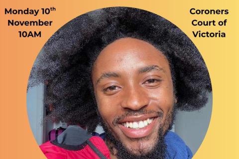 Text reads: Eimable Manirakiza Coronial Inquest Directions Hearing. Monday 10th November 10am. Coroners Court of Victoria. Picture of Eimable in circle, with a orange background. 