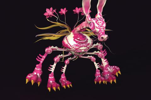 An album cover from the band 'Soecial Feelings. Floating on a black background, is a pink fantasy horse-like creature with six legs and flowers growing from its tail. 
