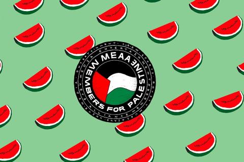 MEAA Members for Palestine. Black circle with Palestinian flag in the middle with white lettering reading MEAA Members for Palestine. Green background with watermelon slices. 