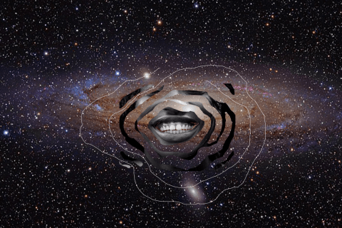 Digital illustration of a galaxy with an overlaid image of a grinning mouth in the centre, by Aïsha Trambas.