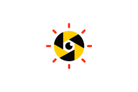 A circle with yellow and black stripes creating a vortex-like pattern leading to an eye in the centre of the circle, with red sparks arond the outer edge of the yellow and black stripes. This is the CopWatch Australia symbol. 
