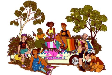 A digital illustration of a diverse group of people outdoors sitting on and relaxing around a graffitied police car which is partially covered by leafy vines. The rainbow and trans flags are draped over the vehicle, and the people in the drawing are all engaged in a variety of gardening activities.