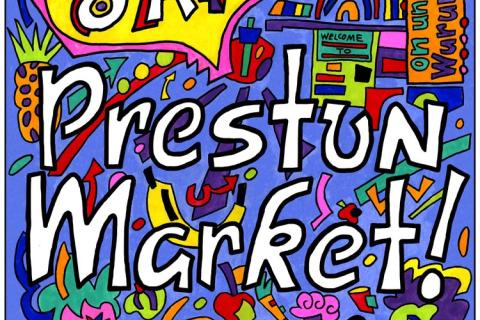 A brightly coloured poster from the Save the Preston Market campaign. The poster reads 'Save Preston Market: The market of the people!' and includes an acknowledgement that the campaign is on unceded Wurundjeri land. The poster features drawings of abstract shapes, people and the entrance to the Preston Market.