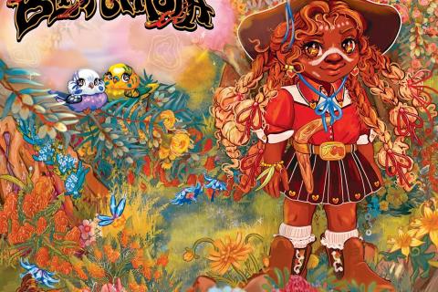 Blaktasia Game. Painted colourful background with game character and logo. 