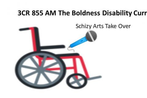 A wheelchair holding a microphone 3CR 855AM The Boldness Disability Current Affairs interviews Schizy Arts Take Over 