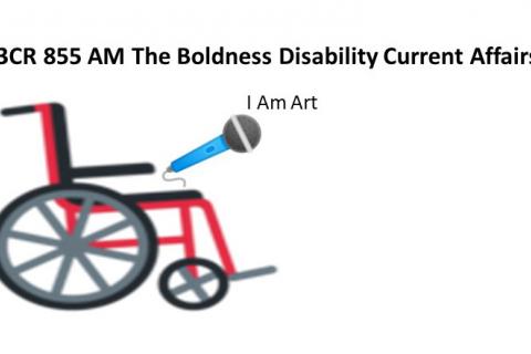 A wheelchair holding a microphone 3CR 855AM The Boldness Disability Current Affairs interviews I Am Art