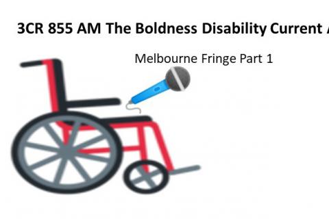 Picture Wheelchair holding a microphone Text 3CR 855AM The Boldness Disability Current Affair interviews Melbourne Fringe Part 1