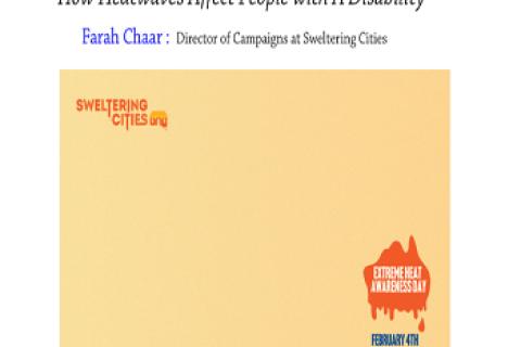 Text The Boldness www.3cr.org.au 21 Jan 2026  How Heatwaves Affect People with A Disability Farah Chaar Director of Campaigns Sweltering Cities Image Light orange background saying Sweltering Cities Extreme Heat Awareness Day 4 Feb 2026