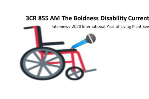 A wheelchair holding a microphone 3CR 855AM The Boldness Disability Current Affairs interviews 2020 International Year Of Living Plant - Bee Love 