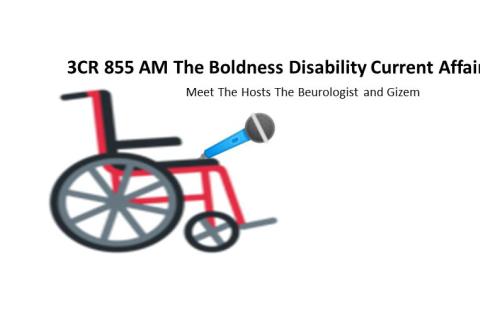 A wheelchair holding a microphone 3CR 855AM The Boldness Disability Current Affairs i- Meet The Hosts The Beurologist and Gizem