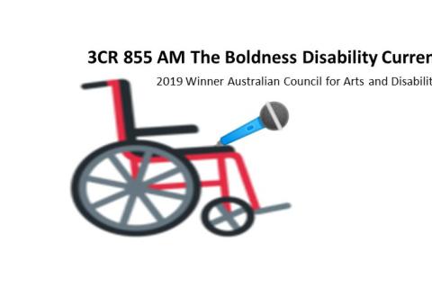 A wheelchair holding a microphone 3CR 855AM The Boldness Disability Current Affairs interviews 2019 Winner of Australian Council Award for Arts and Disability 