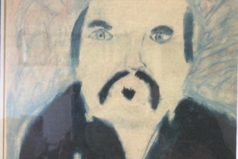 And adorable photo of a portrait by a child of Tim Gooden for Who's who competition in a local paper. Portrait is of Tim Gooden with a Eureka Stockade flag pin crossed with an Irish flag.