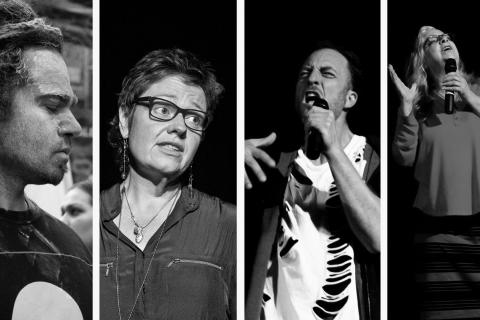 Montage: Neil Morris (musician), Kim Jeffs, Yoram Simons, Yvette Stubbs (poets)