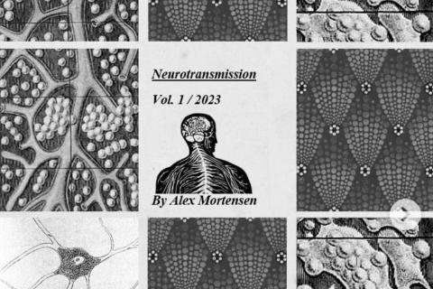 A monochrome image of a book cover. A collage of microscopic images of the human brain, arranged in rectangles around a central sketch of a human head and shoulders, featuring the central nervous system. The title of the book is "Neurotransmission, Vol. 1/2023, by Alex Mortensen"