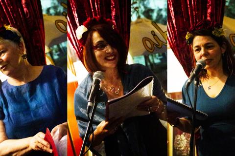 A photo montage of three adult women, standing behind microphones in mid-address. They are situated in a cafe, with the words "Open Studio" visible on the window behind.