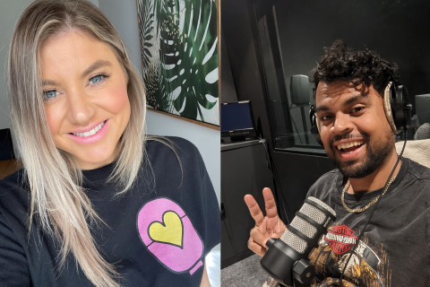 A caucasian woman with blonde hair smiling at the camera , her name is Sarah Starkey and a picture of a man of south east asian descent called Justan Singh smiling at the camera and pulling the peace symbol with his fingers