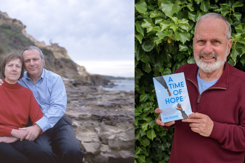 On the left is an image of a male and female wrapped in each others arms, outdoors near the beach, this is a picture of Tom and his wife Marie just after she had been diagnosed with early onset Alzheimer's. The picture on the right is of Tom holding a copy of one of the books he wrote after Marie passed away.