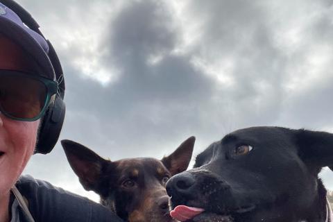 Claire with dogs Waffle and Sparrow