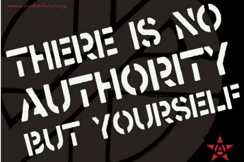 Photo of a sticker produced by Active Distribution UK. Taken from the final lines of the Crass album Yes Sir, I Will; “You must learn to live with your own conscience, your own morality, your own decision, your own self. You alone can do it. There is no authority but yourself.” Photo from CH.
