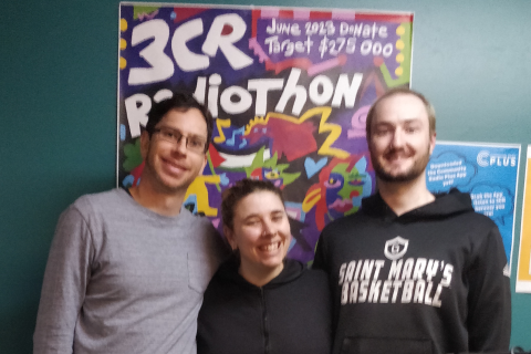 Photo of Nick, Lottie and Hayden in the 3CR studio