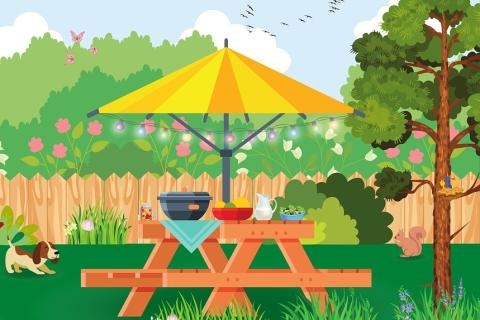 Picnic table with animals around