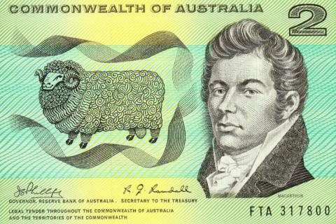 An Australian merino wool sheep and John MacArthur on the defunct Australian $2 note. By the Reserve Bank of Australia 1968 Public Domain.