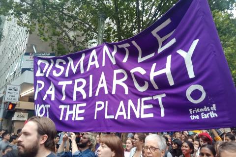 Protest - Banner reads "Dismantle Patriarchy Not the Planet"