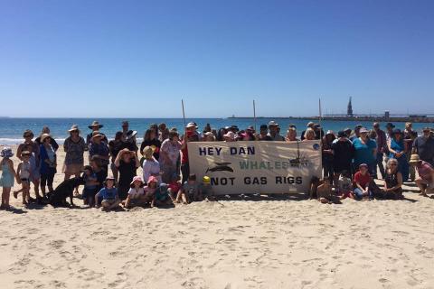 Beach Protest, Banner reads "Whales not Gas Rigs"