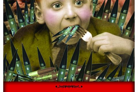 Image of a child eating nuclear warheads reads "nuclear power will solve global warming and feed all the world's children" 