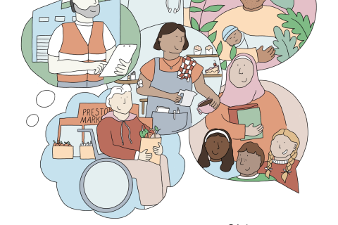 Poster with cartoon figures representing community members. At the top left is a doctor, to the right of them a person holding a baby, underneath a person wearing a hijab and 3 children, to the left of them a person in a wheelchair, above them a worked in a hi-vis jacket and in the centre a hospitality worker making coffee. Underneath it says 'People's Inquiry into the impacts of the covid-19 pandemic', and in the top right corner it says 'Darebin Public Hearing' 