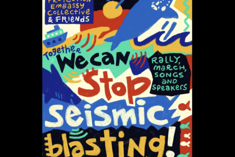 Poster advertising a rally to Stop Seismic Blasting on Gunditjmara Country. At the top are drawings of an Aboriginal flag and a whale, artwork by Nicky Minus