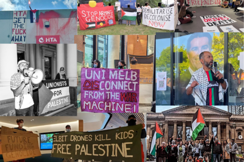 collage of images from Naarm based actions targeting weapons companies and from the sitintifada 