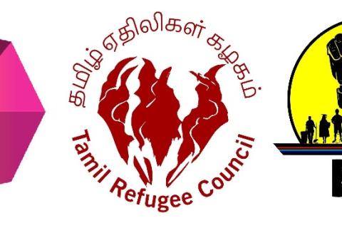 Three round logos in a row on a white background: Inner Melbourne Community Legal (coloured quadrilaterals forming a heptagon), Tamil Refugee Council (the name of the organisation in English and Tamil language around an illustrated silhouette of their national flower - a lily with long petals that have wavy edges), and Black Peoples Union (illustration of a raised shackled fist with breaking chains and silhouettes of various professions in the background, inside a large bright circle)