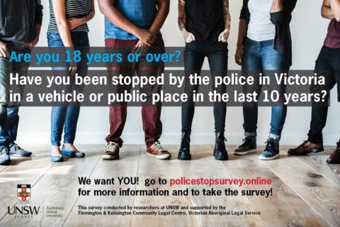 A photograph showing six people standing in a room, facing the camera and visible from the chest down. Large text over the top reads: Are you 18 years or over? Have you been stopped by the police in Victoria in a vehicle or public place in the last 10 years? Below it reads: "We want YOU!" with a link to the survey and logos at the bottom: UNSW, FKCLC, VALS.