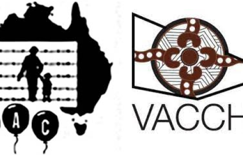 Two logos side by side. Refugee Action Coalition on the left: Silhouette of a map of Australia with an an adult and child over a background with barbed wire in the centre with the letters R A C in balloons underneath. On the right is a traditional painting depicting tracks and sitting circles, inside a geometric triangle in the shape of the state of Victoria, with the word VACCHO underneath. 