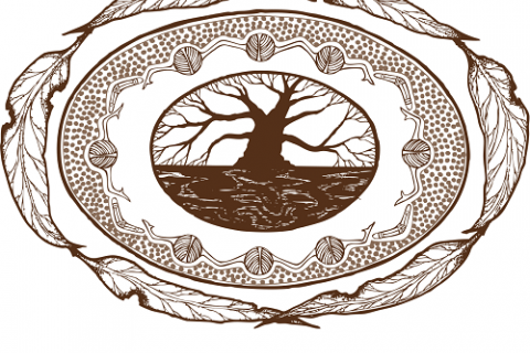 Koori Court Logo: A tree in an oval, surrounded by gum leaves
