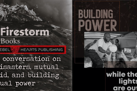Promo Banner for book launch. Shows book cover of Building Power while the Lights are Out with a picture of a Black man handing out food cans to outstretched arms while a white man looks on. Accompanying text reads: Firestorms Books/Rebel Hearts Publishing—a conversation on disasters, mutual aid and building dual power.