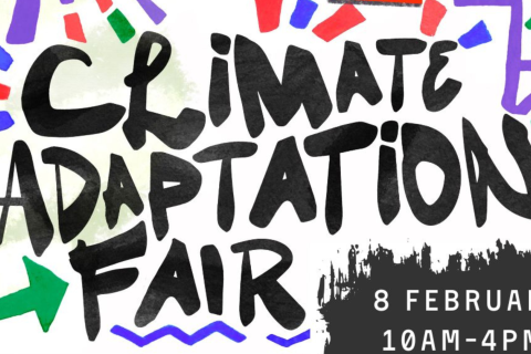 Promotional banner for the climate adaptation fair held at Borderlands Cooperative on Wurundjeri Woi Wurrung country in February this year. Bold text says 'Climate Adaptation Fair', smaller text says '8 February, 10am to 4pm'. Black text on a white background surrounded by multicoloured paint strokes.