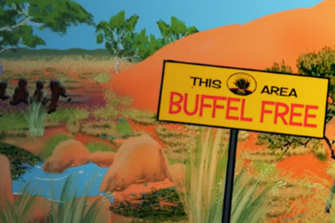 Painting of an arid central desert environment, with a sign saying 'This Area Buffel Free' and Indigenous figures gathering in the background.