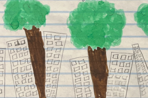 Urban nature illustration featuring trees and skyscrapers.