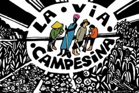  La Via Campesina banner artwork featuring a mandala style blank & white panel with illustrated cartoon style sections of corn, sun flowers, squash and other food cops growing all pointing towards an elliptic/egg-shaped centre featuring for peasant workers from around the world holding/using different farming tools. Their skin and clothes are the only colourful objects in the graphic. They are framed by the words La.Via.Campesina.