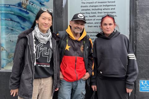 (left to right) R-Coo, Djuran Bunjileenee Robbie Thorpe, and Meg from Homeless Peoples Union Victoria