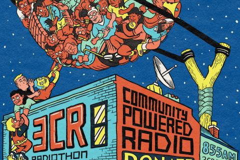 Image description: Cartoon of the 3CR Station with a giant sling shot with a ball of people wrapped in a circle above the station. The station is emblazoned with 'Community Powered Radio, DONATE, Target: 250,000.