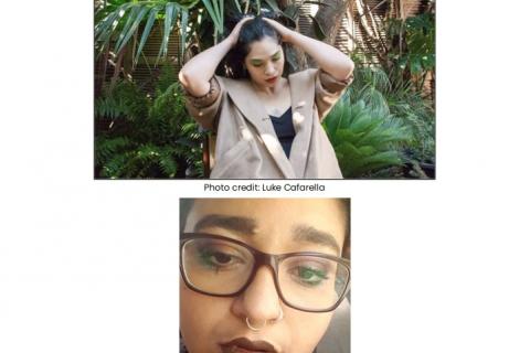 Yi-Lynn in front of palms with her hands behind her head, photo by Luke Cafarella on top of picture and on bottom half is Up close photo of Lilahk's face with impeccable makeup and wearing a sweater