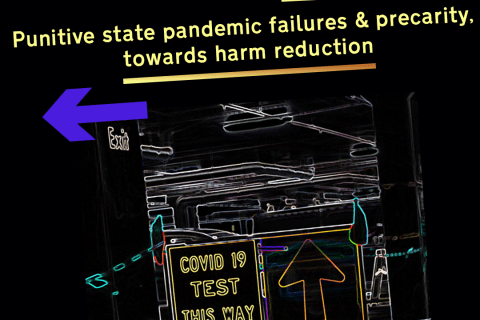 Queering the Air 23-8-20 3CR Community Radio, 3-4PM Punitive state pandemic failures & precarity, towards harm reduction  Neon image against black background of 'COVID 19 TEST THIS WAY' sign.