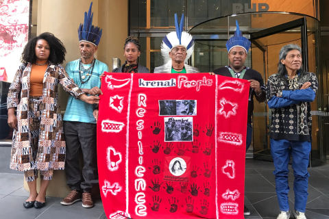 First Nations delegation from Brazil's communities directly impacted by the Samarco mine tailing dam disaster visit BHP global headquarters in Melbourne, calling for justice.