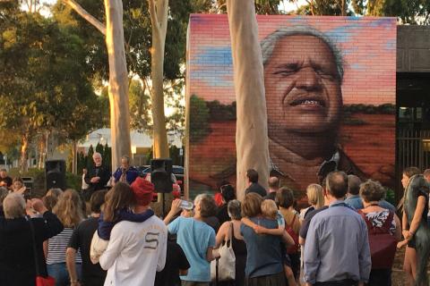 Crowd gathered for the ICAN mural launch at the Preston library in Darebin, featuring a portrait of Yami Lester.