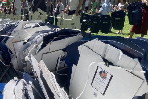 Press vests at Naarm rally for Palestine representing the more that 245 journalists in Gaza that Israel has murdered.